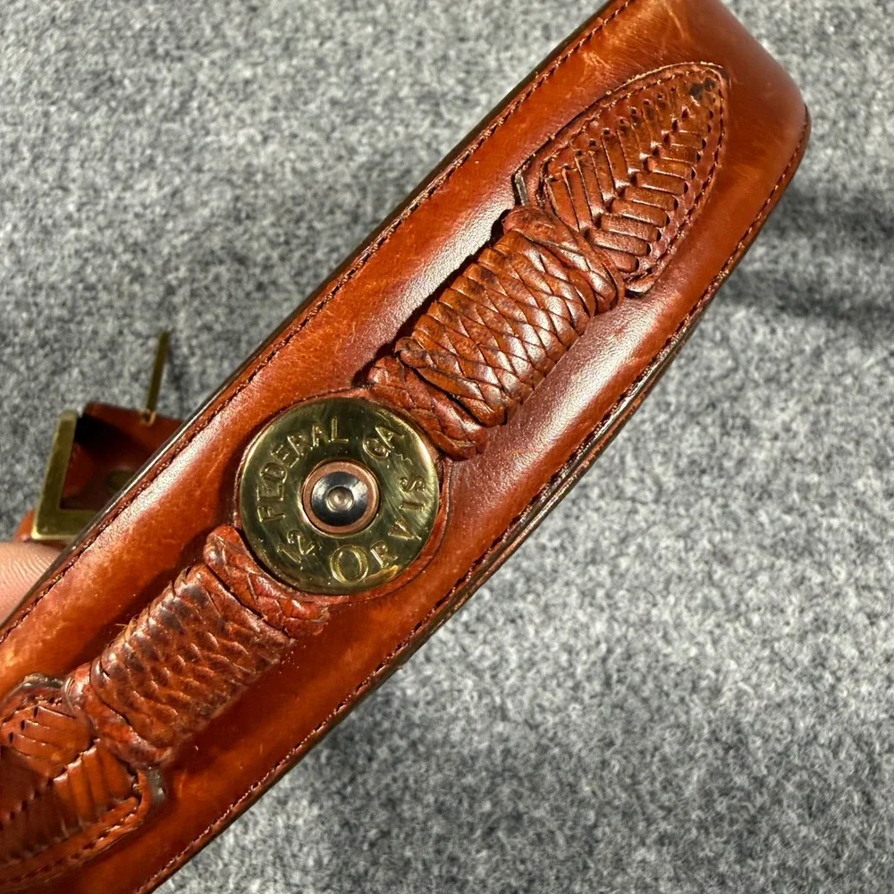Orvis Shotgun Shell Leather Belt Mens 42 Brown Vintage Sporting Solid Brass